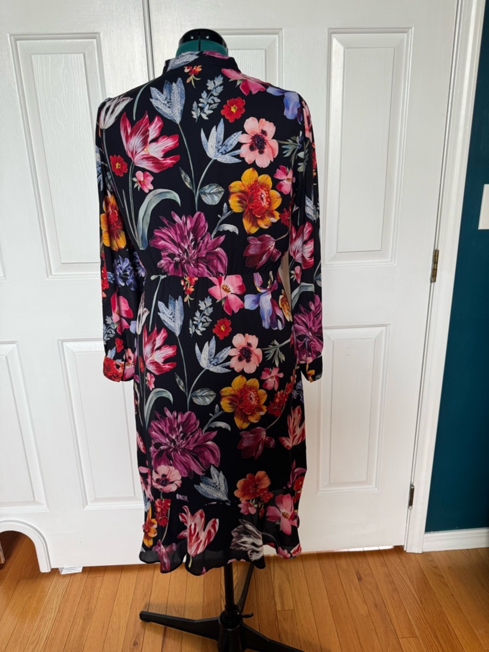 J.Crew Floral Tie-Neck Long Sleeve Dress - Black with Vibrant Floral Print - Picture 3 of 6